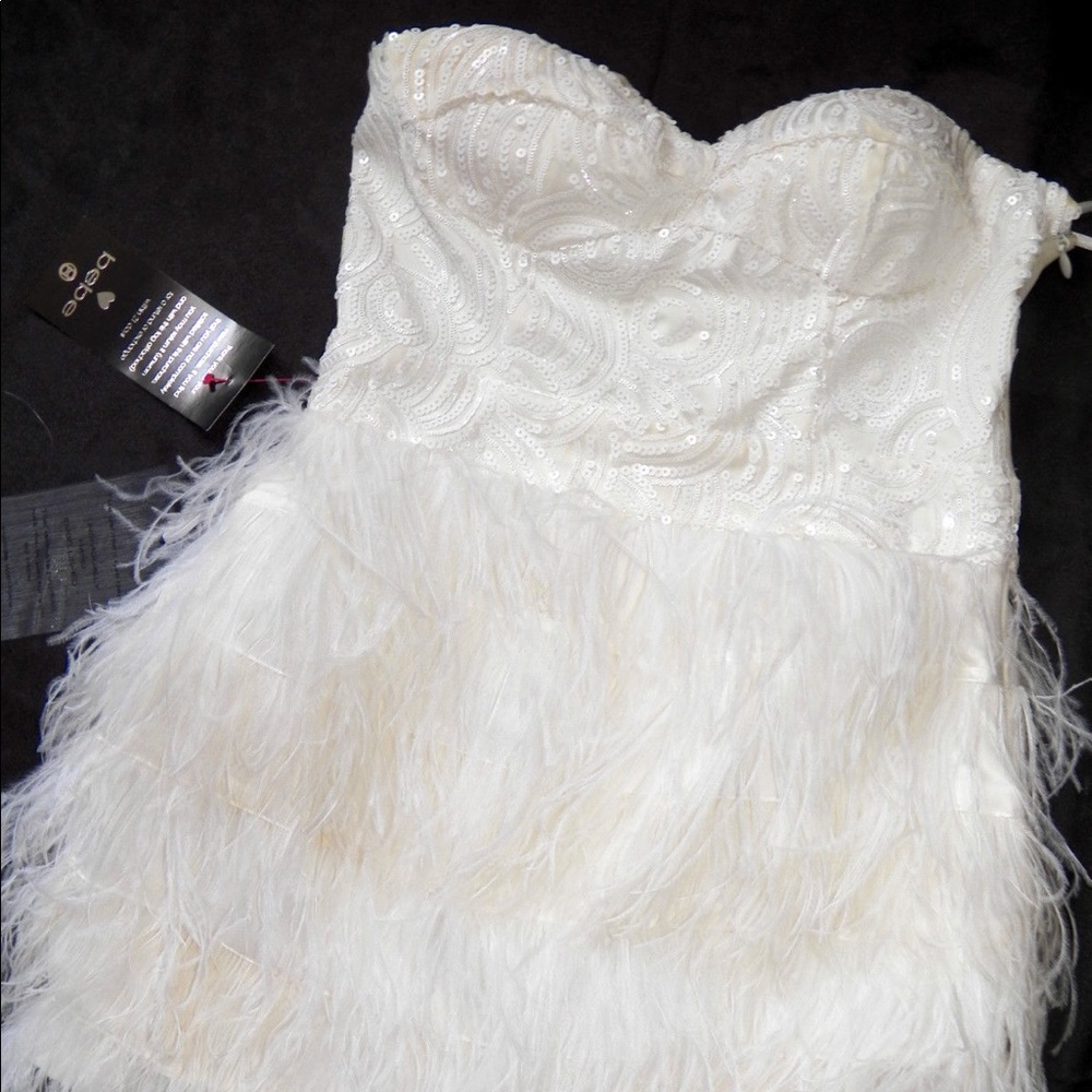 Bebe White feather sequin dress